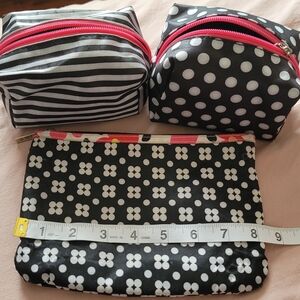 Black & White Patterned Cosmetic Bag Trio with Hot Pink Zippers